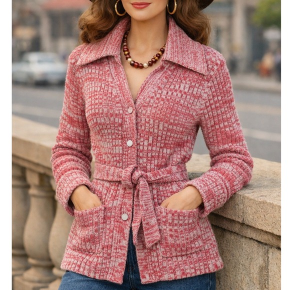 Vintage Sweaters - Vintage 1970s Cranberry Marled Knit Belted Cardigan Sweater Jacket with Pockets